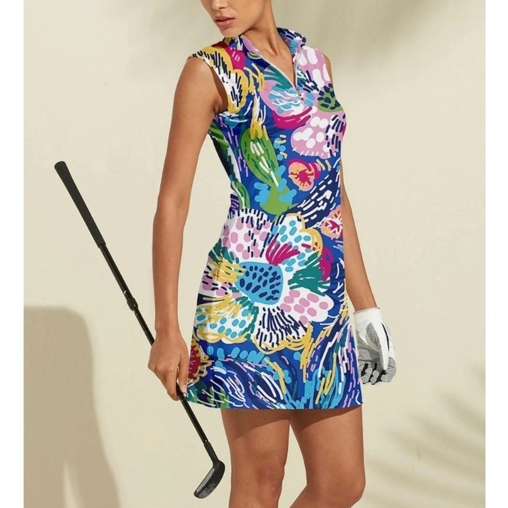 Acegolfs Women Golf Dress Hyped-up Tropical Floral Sleeveless Quarter Zip Large